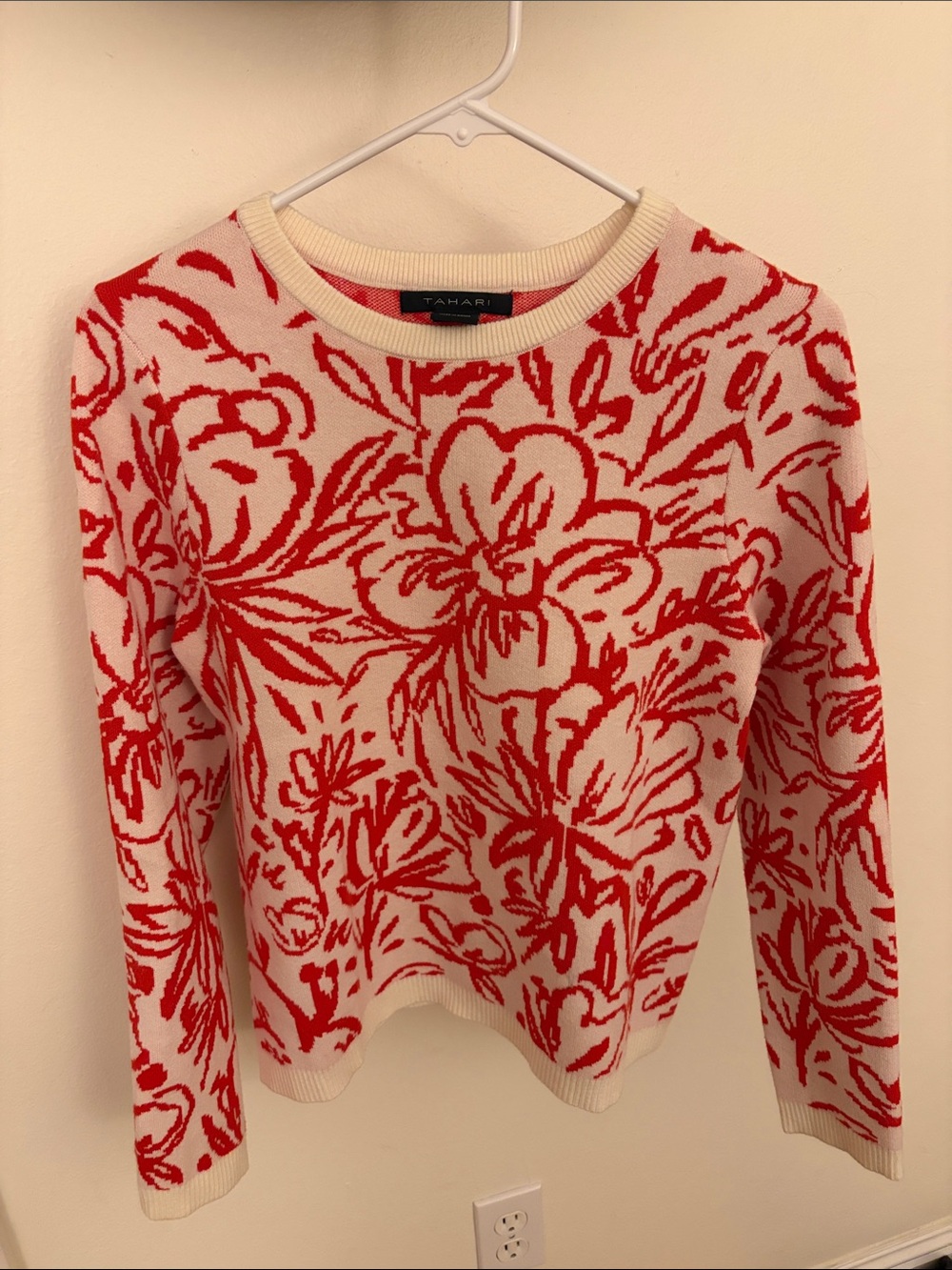 Tahari Cream Sweater with Red Floral Jacquard